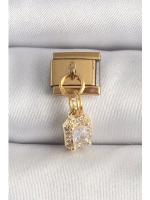 Clariss 316L Çelik Gold Renk Sallantı Zirkon Taşlı Kare Model Nomination Charm
