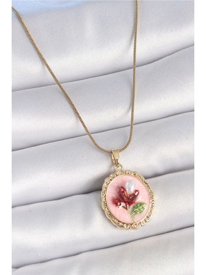 Clariss 316L Çelik Gold Renk Zincir Pembe Mineli Incili Çiçek Işlemeli Portre Model Kadın Kolye