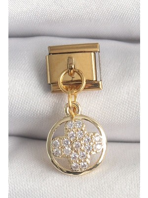Clariss 316L Çelik Gold Renk Sallantı Zirkon Taşlı Yonca Model Nomination Charm
