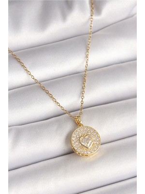 Clariss 316L Çelik Gold Renk Zincir Madalyon Zirkon Taşlı Kalp Model Kadın Kolye