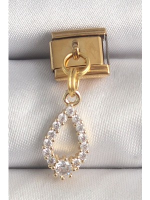 Clariss 316L Çelik Gold Renk Sallantı Zirkon Taşlı Damla Model Nomination Charm