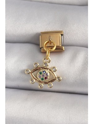 Clariss 316L Çelik Gold Renk Sallantı Zirkon Taşlı Göz Model Nomination Charm