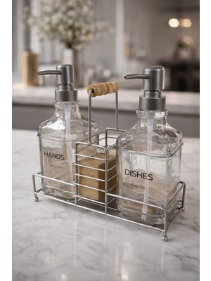 Empressco Lüks Cam Ikili Sıvı Sabunluk & Deterjanlık SETI-500 ml Cam Sabunluk, Bambu Kulplu Metal Stantlı - Fiyatı, Yorumları