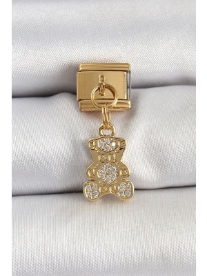 Clariss 316L Çelik Sallantılı Zirkon Taşlı Ayıcık Model Gold Renk Nomination Charm