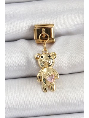 Clariss 316L Çelik Sallantılı Zirkon Taşlı Ayıcık Model Gold Renk Nomination Charm