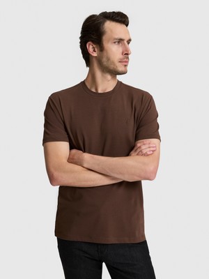 Cacharel Erkek Kahverengi Slim Fit Pamuk Karışımlı Bisiklet Yaka Basic T-Shirt 50328373-VR029