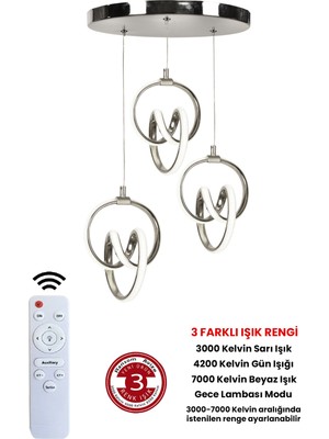 Empressco 3 Renk Kumandalı Krom Kasa Dimmerli LED Avize, Şık ve Kullanışlı Tasarım