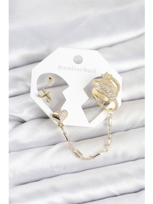 Clariss Kalp Yıldız Model Pirinç Gold Renk Zincir Bağlantılı Ear Cuff Küpe Seti