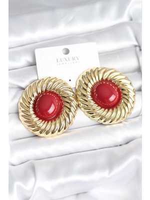Clariss Pirinç Gold Renk Bordo Boncuklu Vintage Kadın Küpe