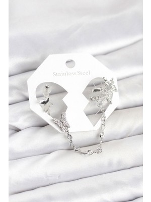 Clariss Pirinç Gümüş Renk Kelebek Model Zincir Bağlantılı Ear Cuff Küpe Seti