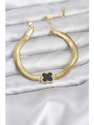 Clariss 316L Çelik Gold Renk Siyah Yonca Model Zirkon Taşlı Yılan Zincirli Kadın Bileklik