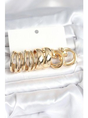 Clariss Pirinç Gold Renk 3 Çift Vintage Kadın Küpe Seti