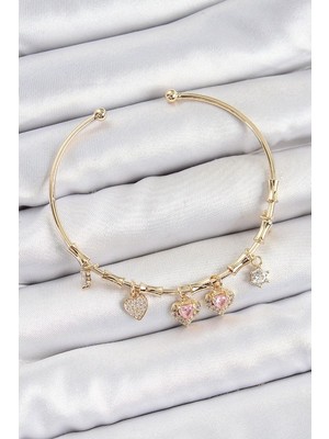 Clariss Pirinç Zirkon Taşlı Pembe Kalp Model Gold Renk Charm Bileklik