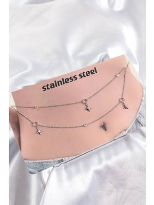 Clariss 316L Çelik Zirkon Taşlı Kutup Yıldızı Model Gümüş Renk Göbek Bel Zinciri