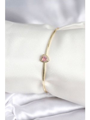 Clariss Pembe Zirkon Taşlı Kalp Model Gold Renk Kadın Bileklik