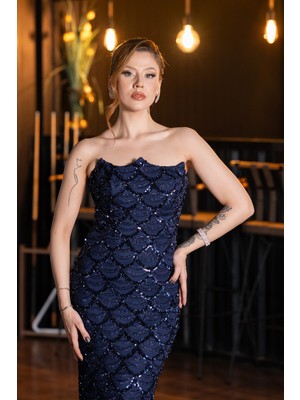 Abiyefon Straplez Uzun Pullu Balık Abiye Elbise ABU5701