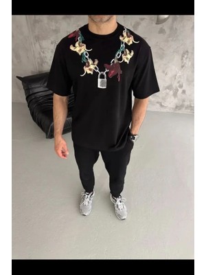 MiraLive Erkek Baskılı T-Shirt Kısa Kol Bisiklet Yaka Regular Fit Rahat Kalıp Günlük Tişört - Siyah