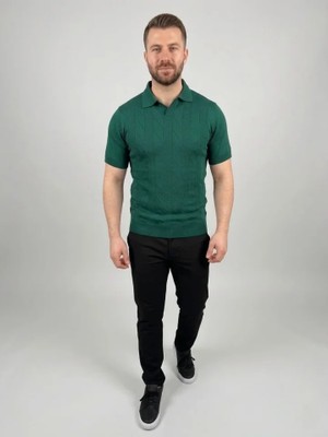 MiraLive Erkek Yazlık Triko Dokuma Tişört Kısa Kol Polo Yaka T-Shirt - Koyu Yeşil