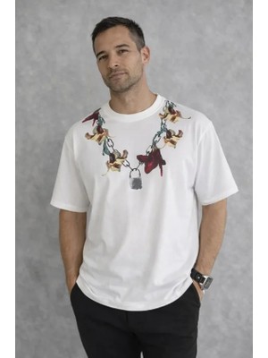 MiraLive Erkek Baskılı T-Shirt Kısa Kol Bisiklet Yaka Regular Fit Rahat Kalıp Günlük Tişört - Beyaz