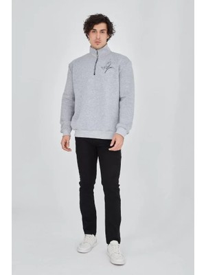 MiraLive Erkek Yarım Fermuarlı Baskılı Sweat - Gri
