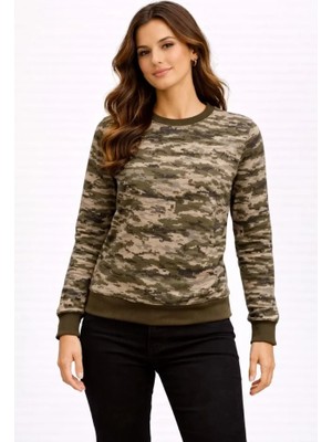 MiraLive Kamuflaj Desenli 2 Iplik 4 Mevsim Uzun Kollu Bisiklet Yaka Sweatshirt - Kamuflaj