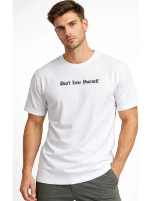 MiraLive Erkek Wafıl Kumaş Tişört Regular Kalıp Bisiklet Yaka Baskılı Günlük Basic T-Shirt - Beyaz