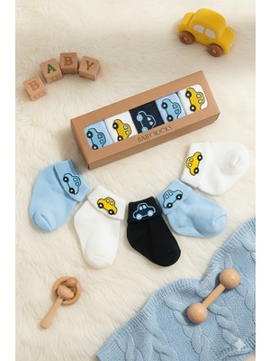 Baby Socks 5 Çift Kutulu Renkli Araba Aksesuarlı Erkek Bebek Çorabı 0- 6 Ay
