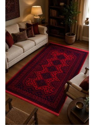 Sultan Halı Kırmızı Afgan Tarzı Altı Kaymaz Yıkanabilir Şönil Kilim & Halı | SDF020