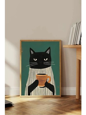 Ar Ajans Kanvas Tablo Siyah Kedi ve Kahvesi Tasarım Çerçeveli Mdf Tablo
