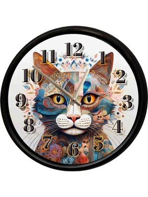 Caseras Sanatsal Kedi Portresi Temalı Dekoratif Duvar Saati 28 cm Sessiz Mekanizma