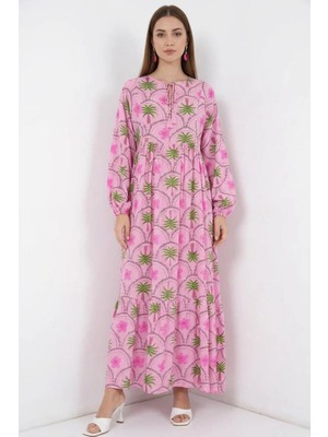 Klins Kids Kadın Yuvarlak Yaka Beli Büzgülü Çiçek Desenli Viskon Pembe Tesettür Elbise