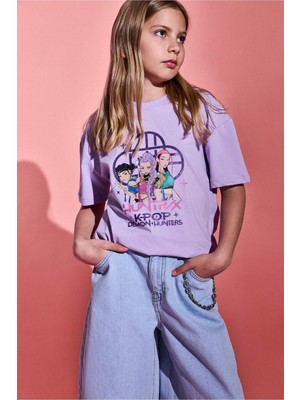 DeFacto %100 Pamuk Kpop - Demon Hunters Relax Fit Bisiklet Yaka Kısa Kollu Tişört Kız Çocuk H7337A826SM