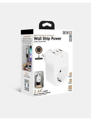 Tekli Yüksek Voltaj Korumalı Duvar Prizi 2x Type-C 1x USB Çıkışlı Priz Grup Priz Çoğaltıcı Beyaz