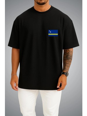 Bahriyeli Collection Oversize Curaçao Bayrağı Cep Baskılı Unisex T-Shirt