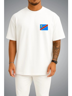 Bahriyeli Collection Oversize Kongo Demokratik Cumhuriyeti Bayrağı Cep Baskılı Unisex T-Shirt