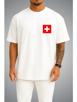 Bahriyeli Collection Oversize Isviçre Bayrağı Cep Baskılı Unisex T-Shirt