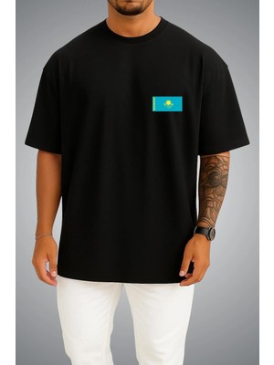 Bahriyeli Collection Oversize Kazakistan Bayrağı Cep Baskılı Unisex T-Shirt