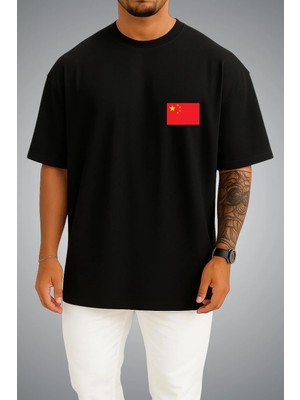 Bahriyeli Collection Oversize Çin Bayrağı Cep Baskılı Unisex T-Shirt