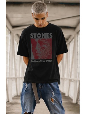 Fuddy Moda Unisex Roliing Stones Tattoo You 1981 Baskılı Tişört, Oversize Rock Band Temalı Tshirt