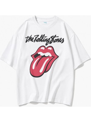 Fuddy Moda Unisex The Roliing Stones Baskılı Bisiklet Yaka Tişört, Oversize Rock Band Temalı Tshirt