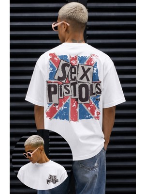 Fuddy Moda Unisex Sex Pistols Sırt Baskılı Bisiklet Yaka Tişört, Oversize Rock Band Temalı Tshirt