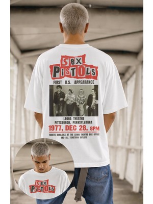 Fuddy Moda Unisex Sex Pistols 1977 Dec. 28 Sırt Baskılı Tişört, Oversize Rock Band Temalı Tshirt