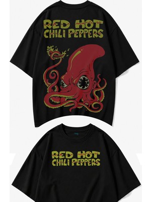 Fuddy Moda Unisex Red Hot Chili Peppers Sırt Baskılı Tişört, Oversize Rock Band Temalı Bisiklet Yaka Tshirt