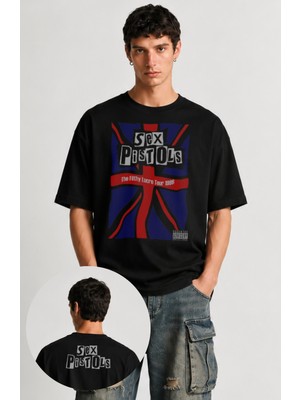 Fuddy Moda Unisex Sex Pistols Ense Baskılı Bisiklet Yaka Tişört, Oversize Rock Band Temalı Tshirt