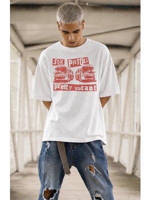 Fuddy Moda Unisex Sex Pistols Pretty Vacant Baskılı Bisiklet Yaka Tişört, Oversize Rock Band Temalı Tshirt