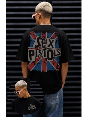 Fuddy Moda Unisex Sex Pistols Sırt Baskılı Bisiklet Yaka Tişört, Oversize Rock Band Temalı Tshirt