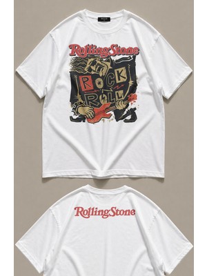 Fuddy Moda Unisex Roliing Stones Rock Roll Ense Baskılı Tişört, Oversize Rock Band Temalı Tshirt