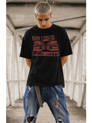 Fuddy Moda Unisex Sex Pistols Pretty Vacant Baskılı Bisiklet Yaka Tişört, Oversize Rock Band Temalı Tshirt