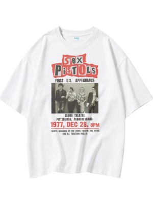 Fuddy Moda Unisex Sex Pistols 1977 Baskılı Bisiklet Yaka Tişört, Oversize Rock Band Temalı Tshirt