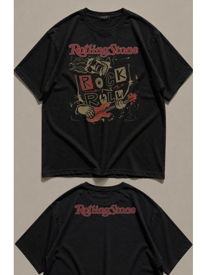 Fuddy Moda Unisex Roliing Stones Rock Roll Ense Baskılı Tişört, Oversize Rock Band Temalı Tshirt